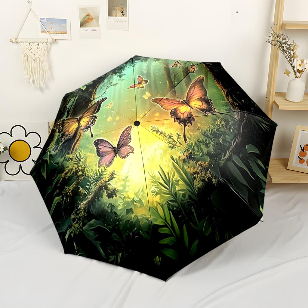 Blue Butterfly Floral Circle Outdoor Automatic Umbrella Compact 8 Rib Design Sturdy Construction for Outdoor Daily Use Compact Folding Umbrella