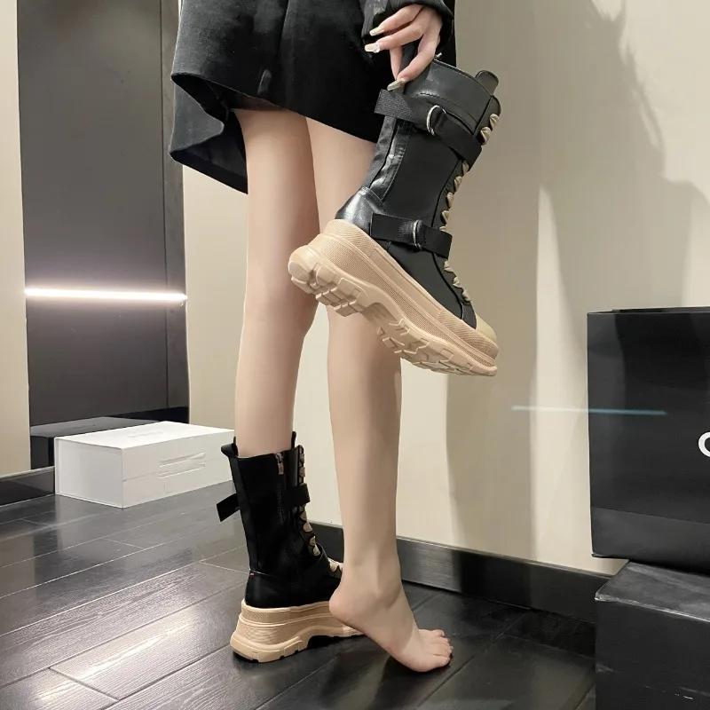 Modische Canvas Chunky Plateau Damenstiefel Herbst Winter Schnürung Reißverschluss Motorradstiefel Frau Dicke Sohle Rutschfest Stiefeletten