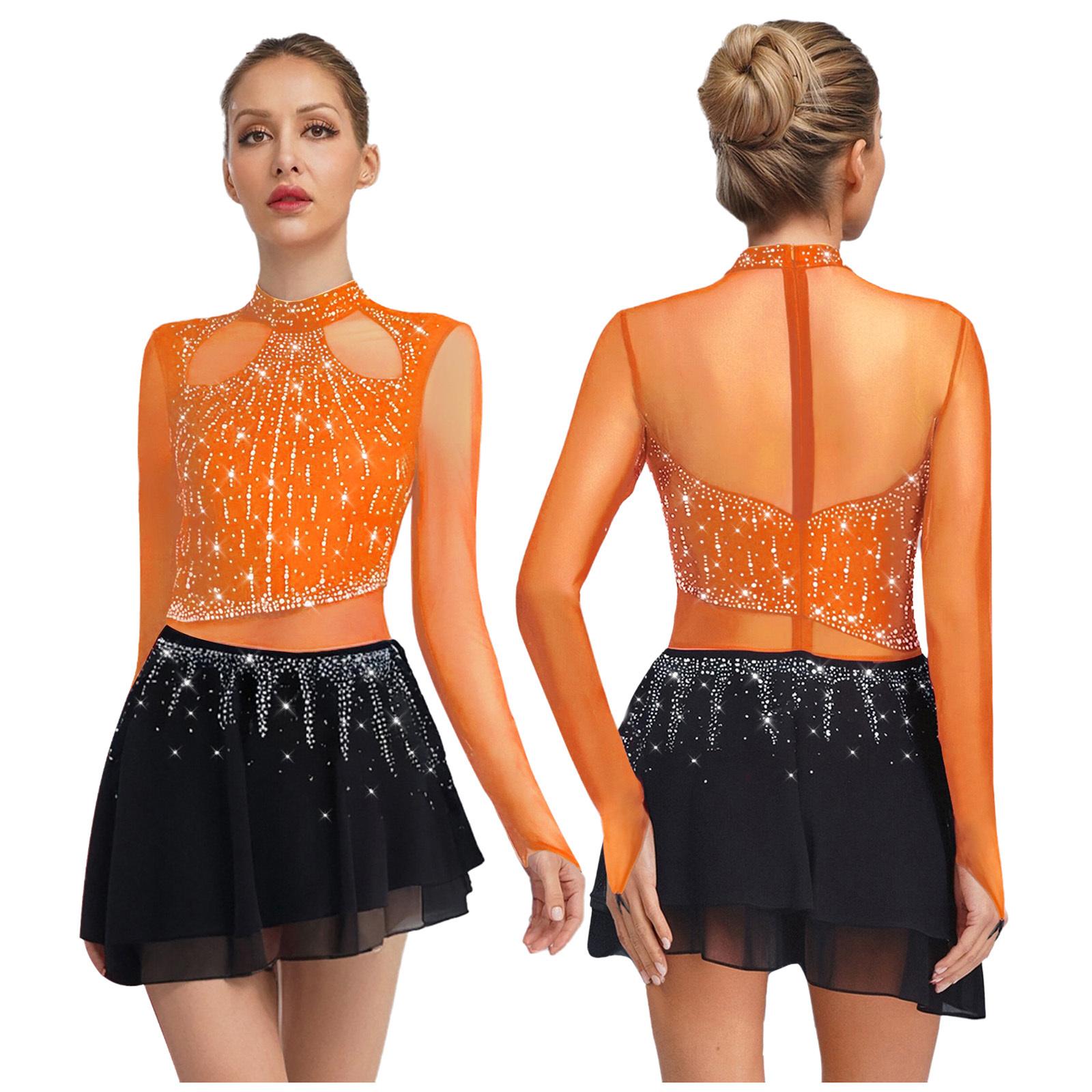 Sywiyi Dames Kunstschaatsjurk Lange Mouw Strass Bodysuit Chiffon Rok Lyrisch Danskostuum S oranje
