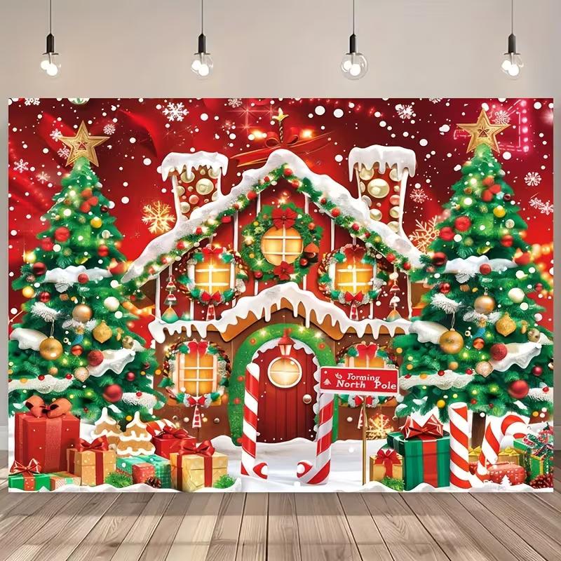 2D Magical Christmas Backdrop, North Pole Gingerbread House Photo Background 47.2x31.5inch/120*80cm