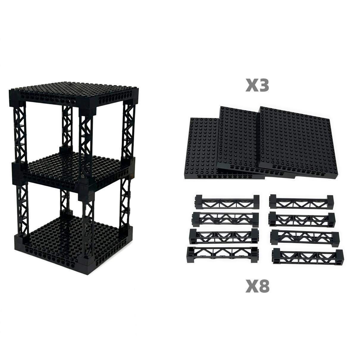 IDEAMOC 3 stuks Plinten en 8 stuks Zwarte Pilaren Bouwsteen Set DIY Montagespeelgoed Speelsets 12,6*12,6cm Basisplaat Zwarte Pilaren Assortiment zwart