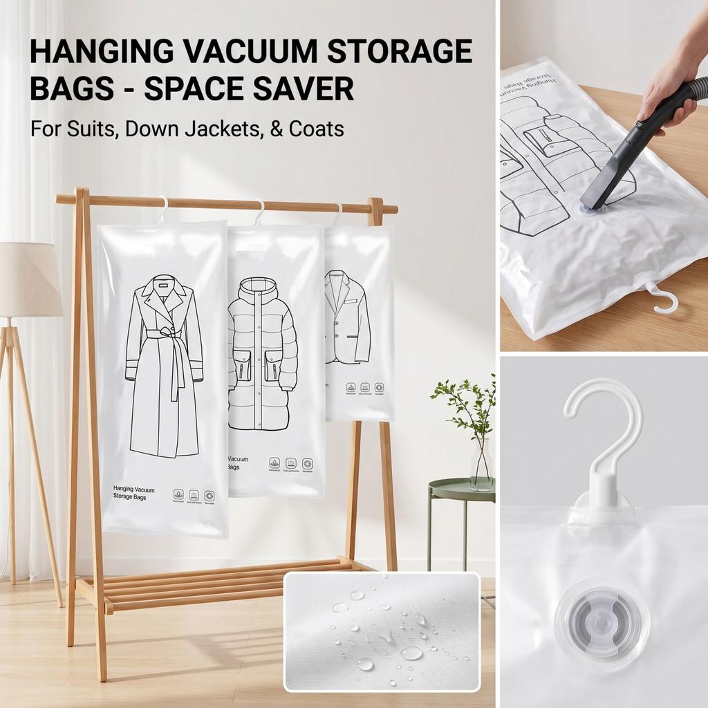 Hanging Vacuum Storage Bags for Wardrobe Organization Space Saving Garment Dust Cover for Coats Jackets Clothes Compression Bag