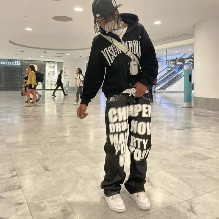 Y2k Jeans Hip Hop Letter Printed Black Pants Men Women New Trend Fashion Punk Loose Straight Wide Leg Trousers Streetwear