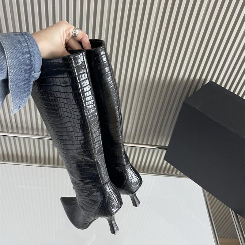Fashion New Mixed Color Snake Patterned Side Zipper Knee High Boots Autumn Winter European American Fashion Pointed High-heel Long Boots