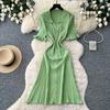 Summer Autumn Pink Button-Down Short Sleeve Short Knit Dress for Women Elegant Turn Down Collar Single-breasted Ruffles Slim Sweater Dresses