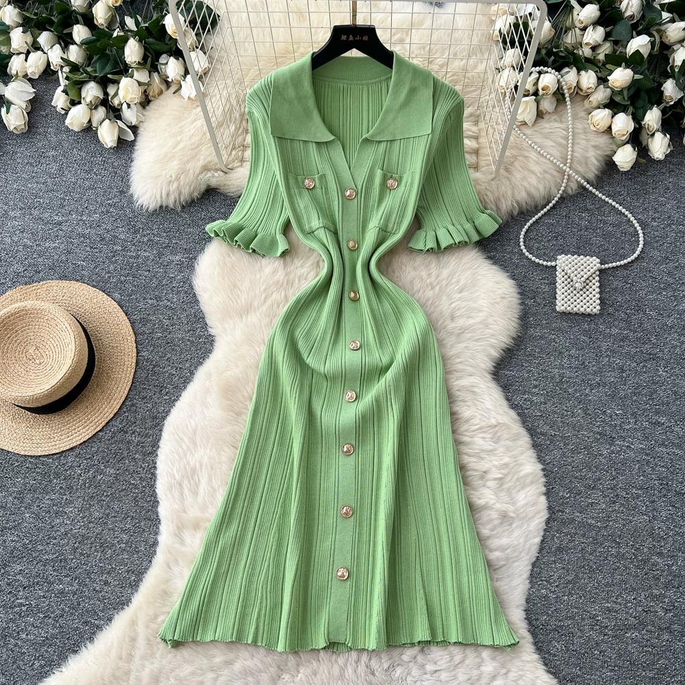 Summer Autumn Pink Button-Down Short Sleeve Short Knit Dress for Women Elegant Turn Down Collar Single-breasted Ruffles Slim Sweater Dresses