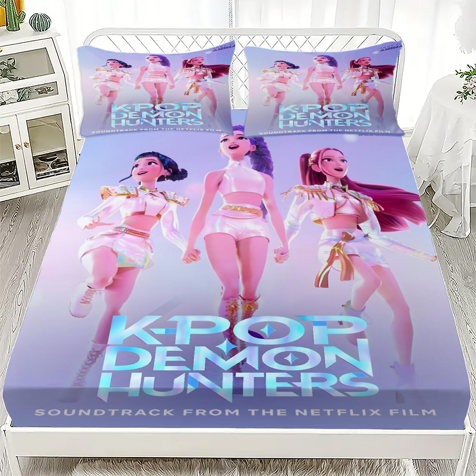 

K-Pop D-Мисливці на демонів Простирадло на резинці від Personalized для домашнього декору, Індивідуальний DIY чохол на ліжко Глибока кишеня з 2 наволочками 180x200x25cm 3pcs