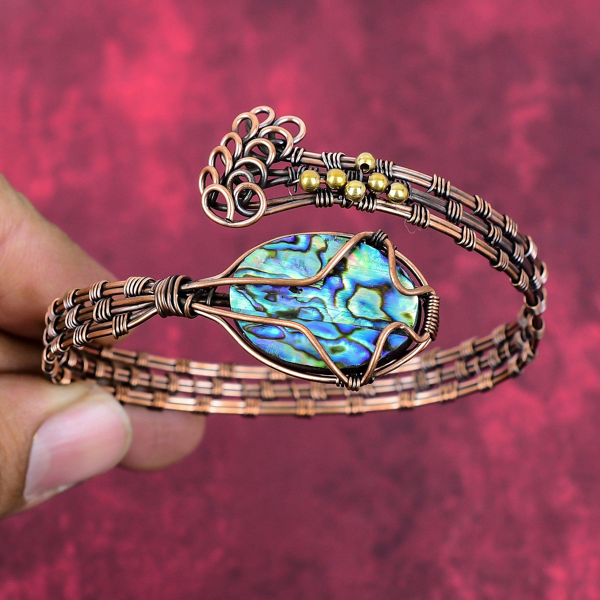 Браслет-манжета из раковины абалона, обмотанный медной проволокой, регулируемый браслет, ювелирное изделие ручной работы, браслет-манжета с драгоценным камнем, подарки для мамы, уникальный браслет