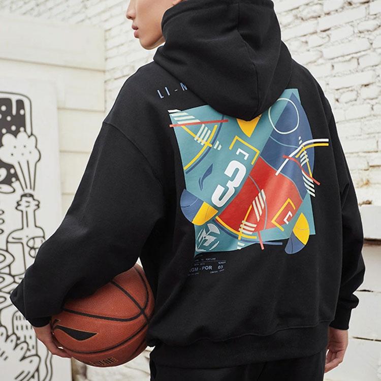 Li Ning Geometric Pattern Casual Pullover Long Sleeve Hoodie Unisex hoodies Black AWDRG23-2