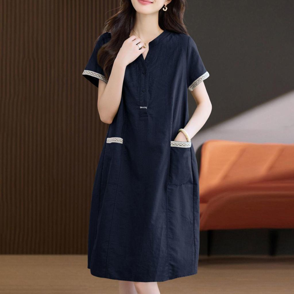 Women's Summer Cotton-Linen Dress: Petite, Slimming, Loose-Fit for Middle-Aged Moms