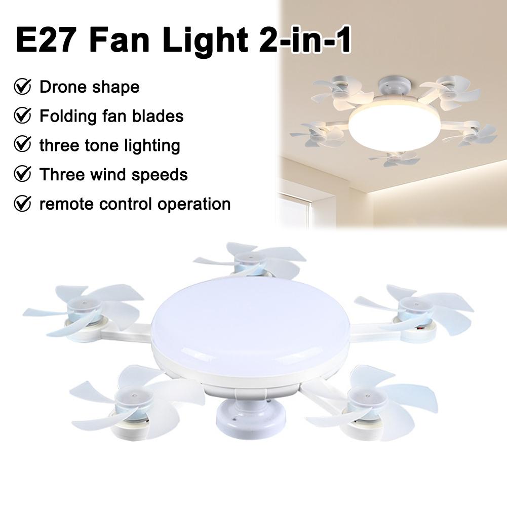 2-in-1 Foldable Ceiling Fan Light Bulb E27 Standard Base 3-Speed Adjustable Wind & 3-Color Dimming, Retractable Blades For I8P2