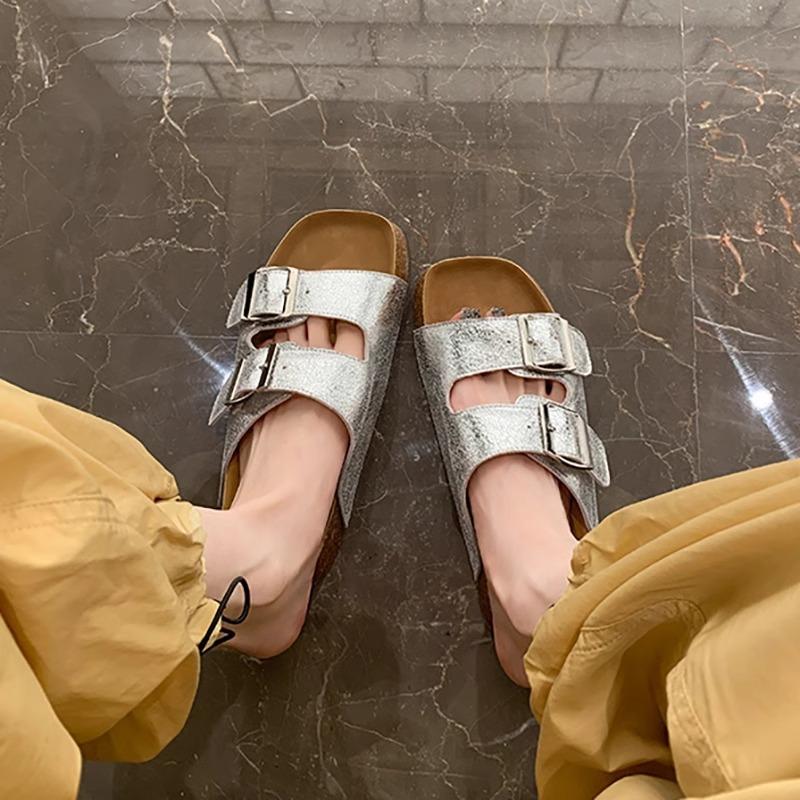 Silver burst pattern thick-soled cork slippers double-breasted fashion Boken shoes cool slippers women's pedal summer wear