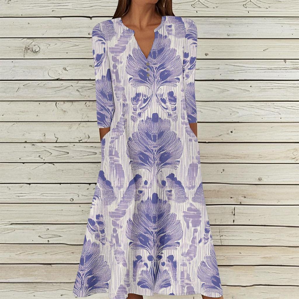 Women's Summer Casual V-Neck Button Vintage Floral Print Three-quarter Sleeve Long Dress With Pockets
