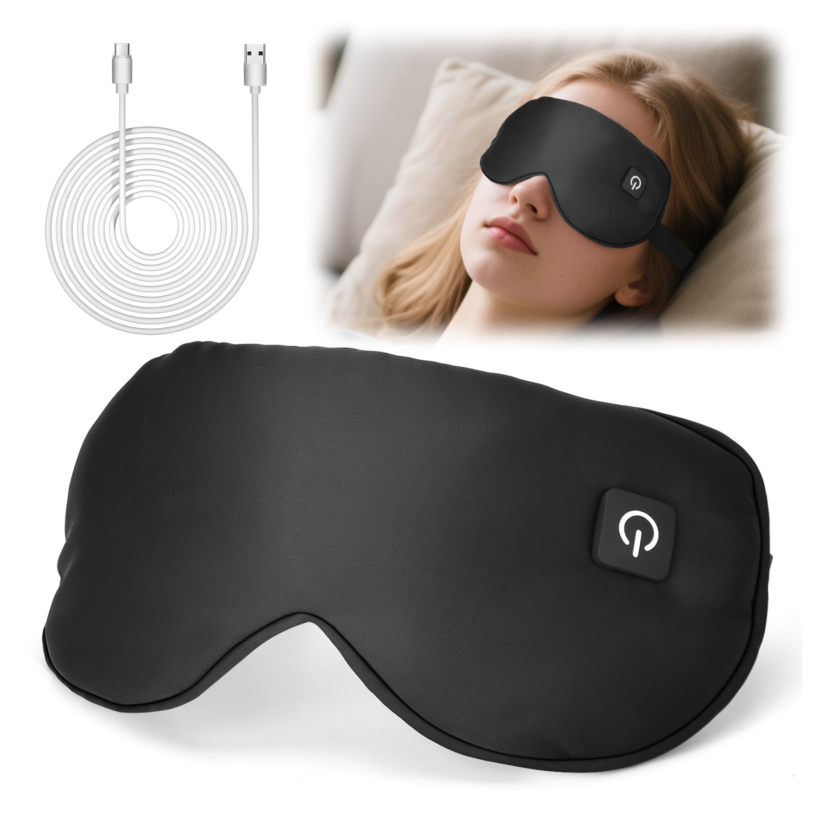 

Беспроводная нагреваемая маска для глаз 3 температуры 1000 мАч Быстро моющаяся наволочка - Настройки, Встроенный аккумулятор, Зарядка Type-C, Автоматическое отключение через 30 минут, чёрный