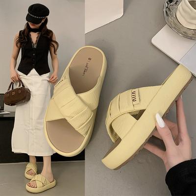 Puff Platform Slippers Women's Outer Wear 2025 Summer New Cross-stepping Shit Feeling Beach Word Bread Cool Slippers