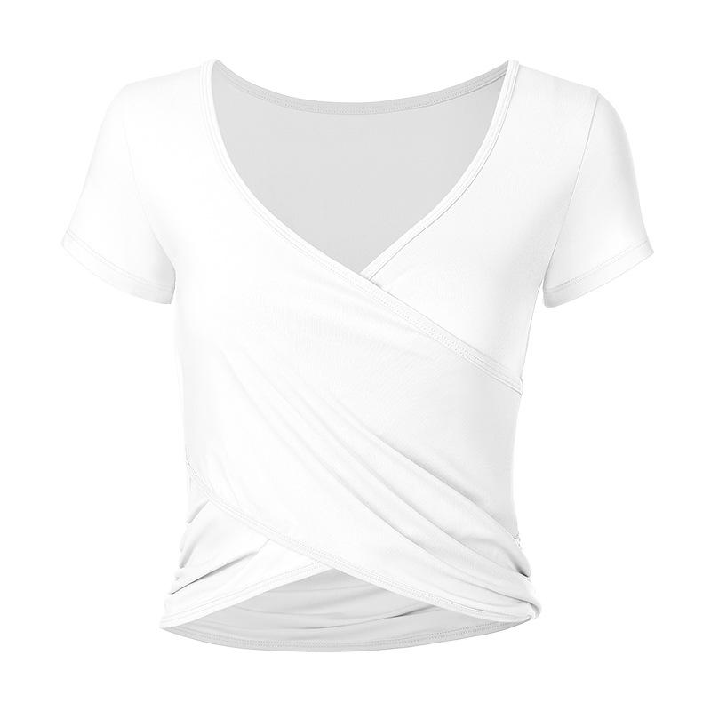 

Женская летняя облегающая накидка для йоги с присборенным подолом - с коротким рукавом для бега на открытом воздухе Small молочный белый