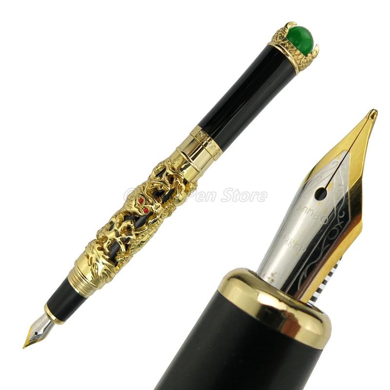 Jinhao Oro Brillante Metallo Drago Antico Re Intaglio Perla Goffratura Pennino Medio Pennino Stilografica Ufficio Scuola Cancelleria