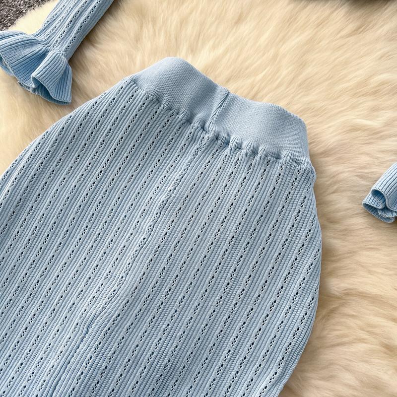 Dvoudílný business set dámské outfity tunika s dlouhým rukávem zkrácený kardigan sukně s vysokým pasem bodycon rybí ocas oblek módní pletený svetrový oblek