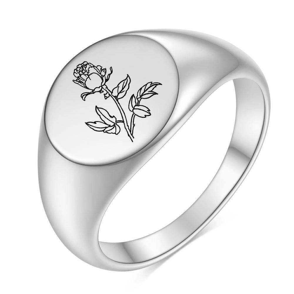 Rose Flower Temperament Ring: 12MM Stainless Steel, Mirror Finish Oval Titanium Steel Finger Ring. Size 4