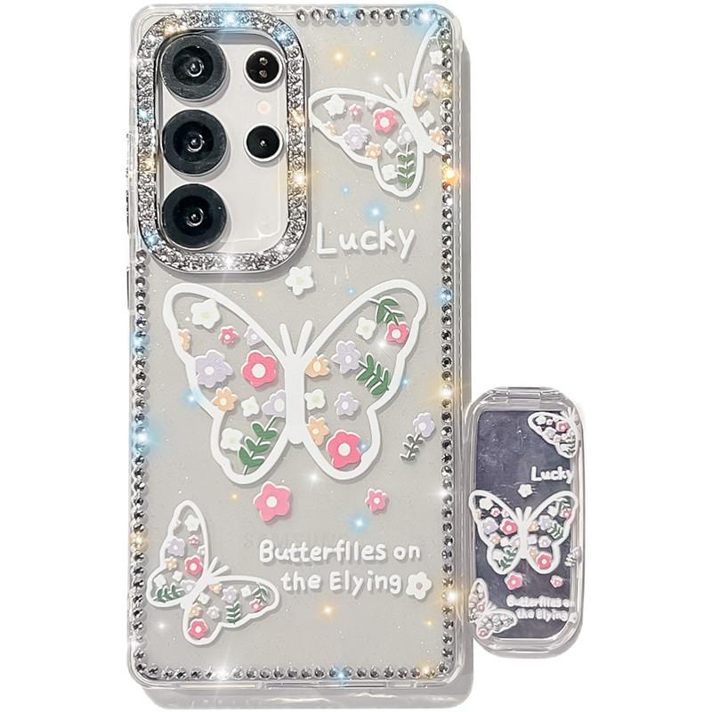 The Flash Diamond Frame Is Suitable for Samsung S25Ultra Mobile Phone Case, Painted Flower Butterfly Mirror Holder, New A56 Case.