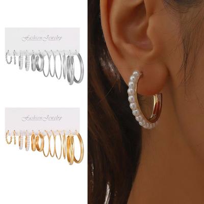 6 Pairs C Shape Earrings Minimalist Gold Ear Hoops with Pearls Classic Charming Jewelries
