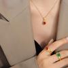 French Retro Gemstone Necklace & Ring Set - Gold-Plated Titanium Steel with Red & Green Zirconia.