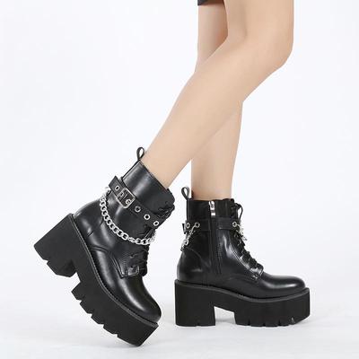 Women Sexy Chain Ankle Goth Platform Boots Zipper Boots Comfort Women's Punk Shoes Footwear Black Leather Plus Size 43