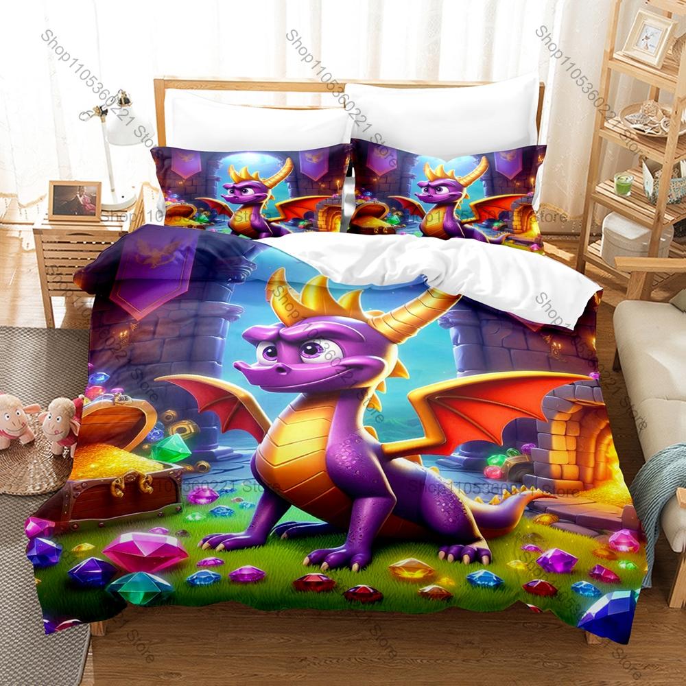 Spyro Reignited Trilogy Bedding Set, Duvet Cover & 2 Pillowcases, Cute Dragon Character Pattern Breathable Fabric All Season