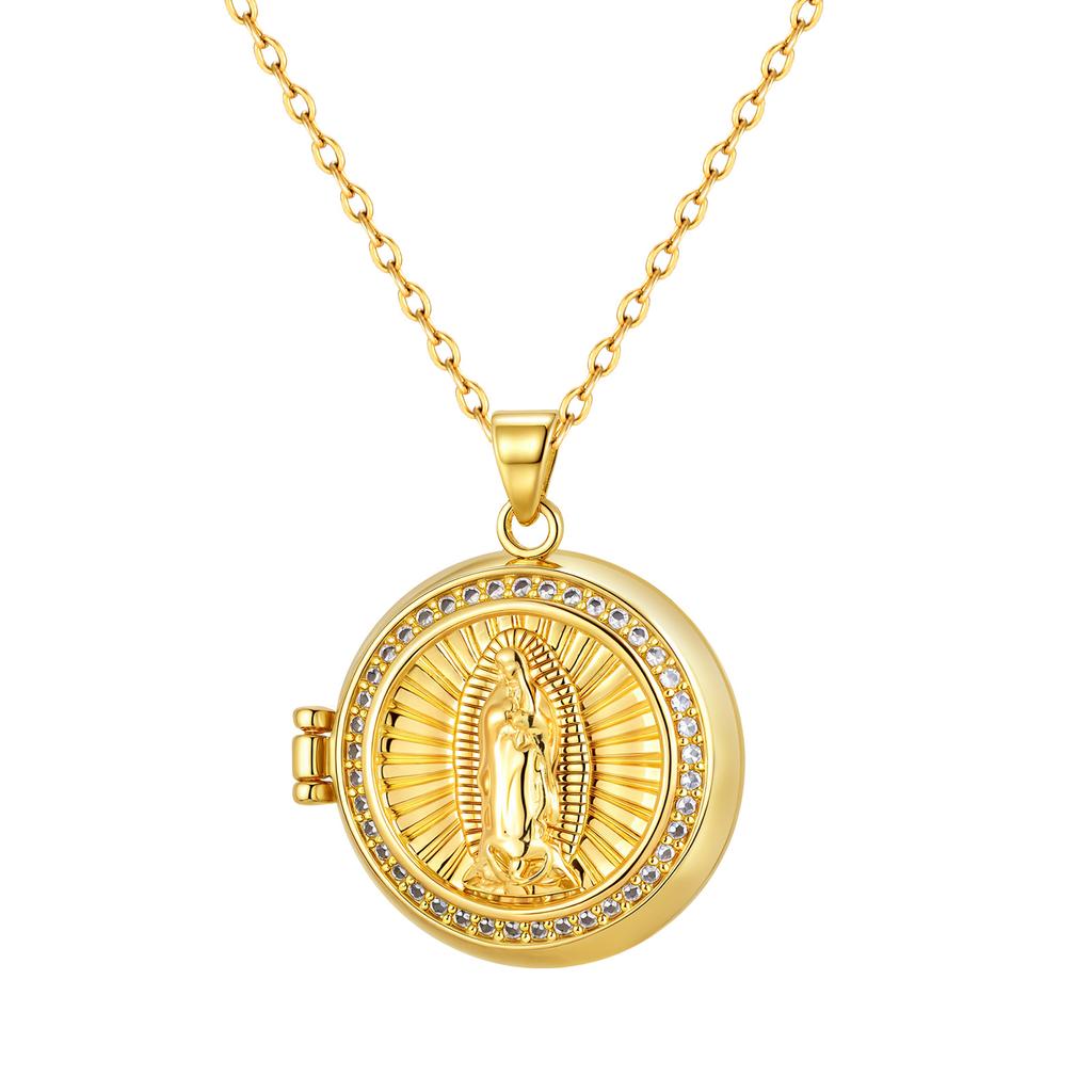 Round Zircon Virgin Mary Locked Pendant Necklace for Women, No Photo, Adjustable Link Zircon