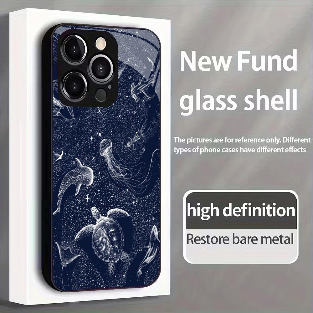 Turtle Dolphin Pattern Tempered Glass Phone Case Suitable for iPhone 17 16 15 14 13 12 11 Pro Max Plus Shockproof Back Cover