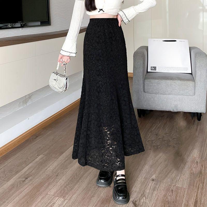 Fusta cu coadă de pește din dantelă pentru femei, cu talie înaltă, fustă subțire, cu șold, toamnă, primăvară, elegante, fuste lungi