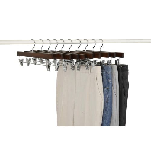Amber Home Wooden Pants and Skirt Hangers, Set of 10, for Pants and Slacks, Shape-Retaining, Non-Slip, Adjustable, Strong Clips, Wrinkle-Resistant, Ro