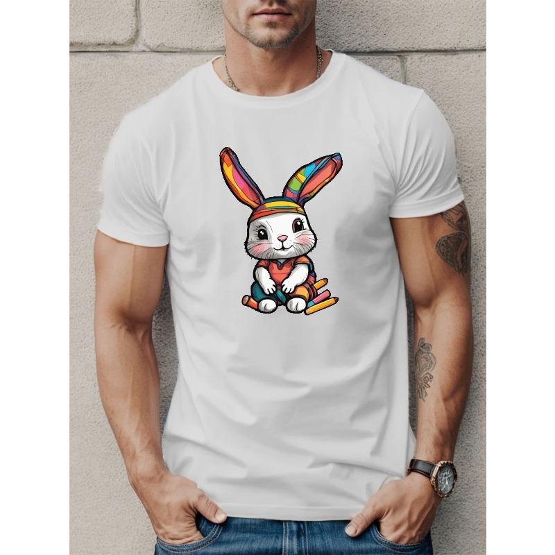 European size Rabbit In Colorful Fur Print T Shirt, Tees For Men, Casual Short Sleeve T-shirt For Summer