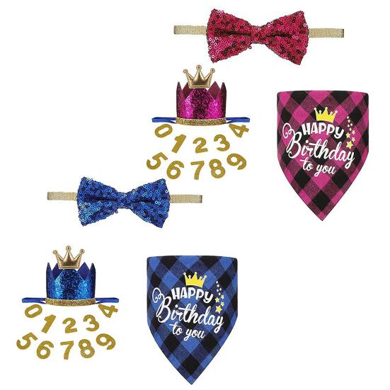 1 Set Pet Birthday Costume Dog Birthday Bandana Glitter Hat Age Numbers Sparkly Sequined Bow Tie Puppy Birthday Party
