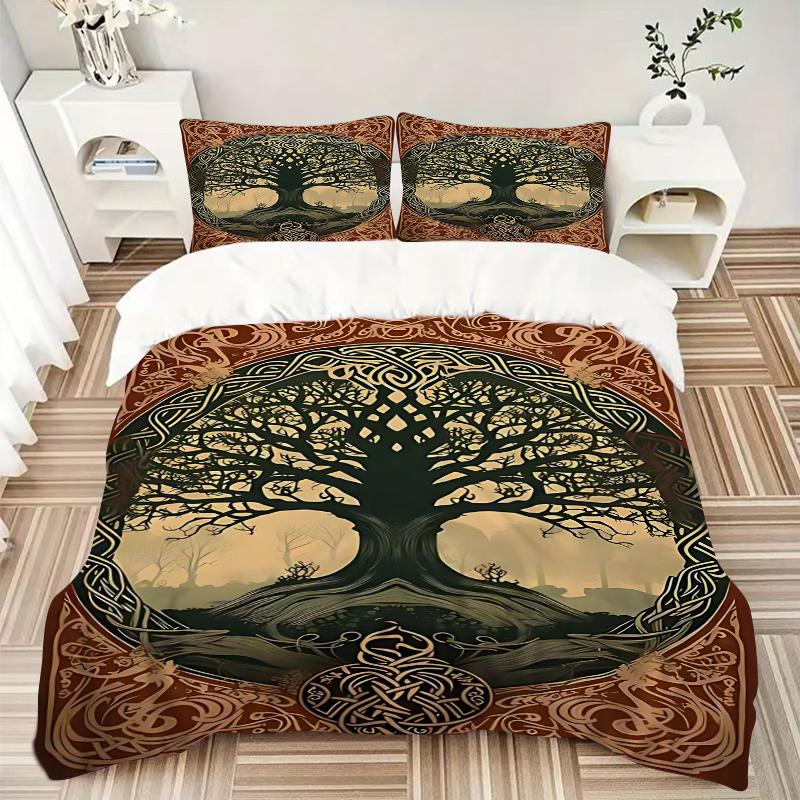 3pcs Tree of Life Celtic Knotwork Comforter Set with Two Pillowcases (No Core), Home Decor, Festival Gift, Polyester Fabric, Anime Cartoon Design