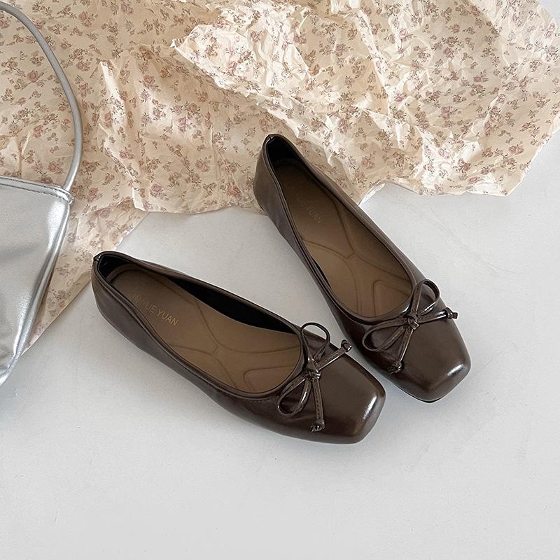 Women's square head bow single shoes 2025 spring and summer new French flat silver laden shoes light mouth bow women's shoes
