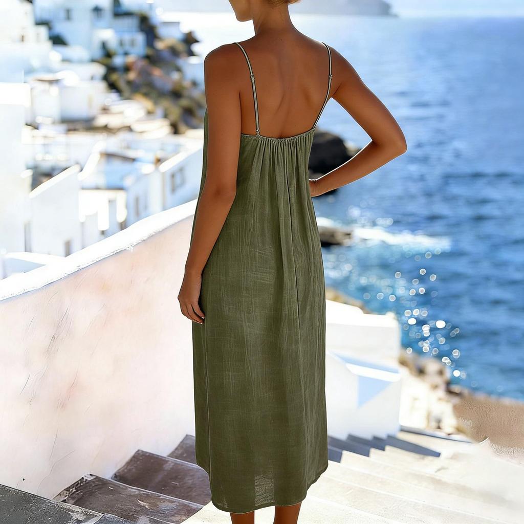 Leinen Maxikleider für Damen Ärmellos V-Ausschnitt Langes Hauskleid Lässig Lockerer Schnitt Urlaubs-Sonnenkleid mit Taschen
