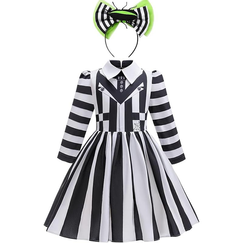 Costume Cosplay Halloween Fille Robe Princesse Rayée Noir et Blanc de Film + Bandeau Pour Fête d'Anniversaire d'Enfant Carnaval Déguisement 110
