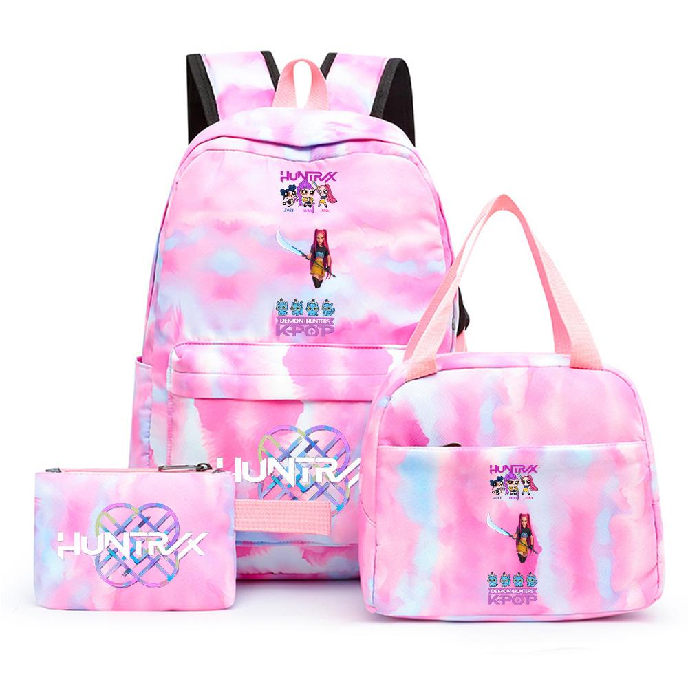 3Pcs/set Cartoon Demon Hunters Printed Backpack with Lunch Bag Pencil Case for Teenager Girl Boy Large Capacity Waterproof Bookbag Gift Mochila