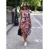 Summer Floral Print Long Dresses Women Sexy V Neck Split Lace-up Dress Female Casual Elegant Short Sleeve Beach Dress Vestidos