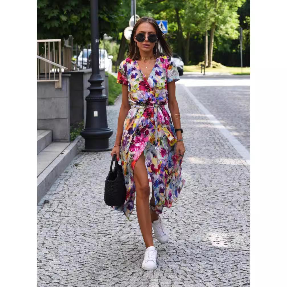 Summer Floral Print Long Dresses Women Sexy V Neck Split Lace-up Dress Female Casual Elegant Short Sleeve Beach Dress Vestidos