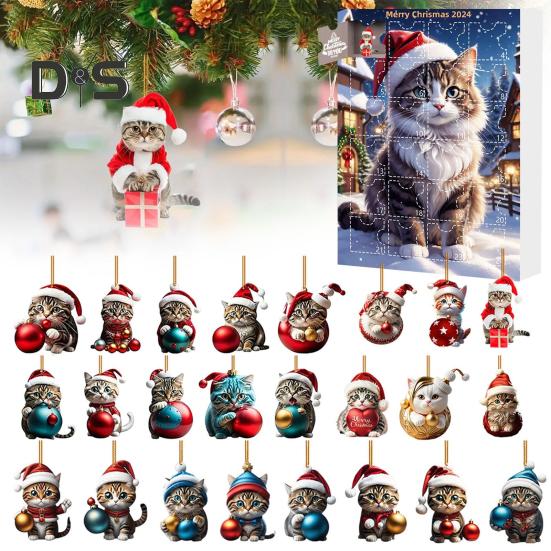 2024 Pet Advent Calendar 2D Flat Acrylic Cat Dog Pendants Christmas Tree Hanging Ornament Xmas Countdown Calendar for Home Decor