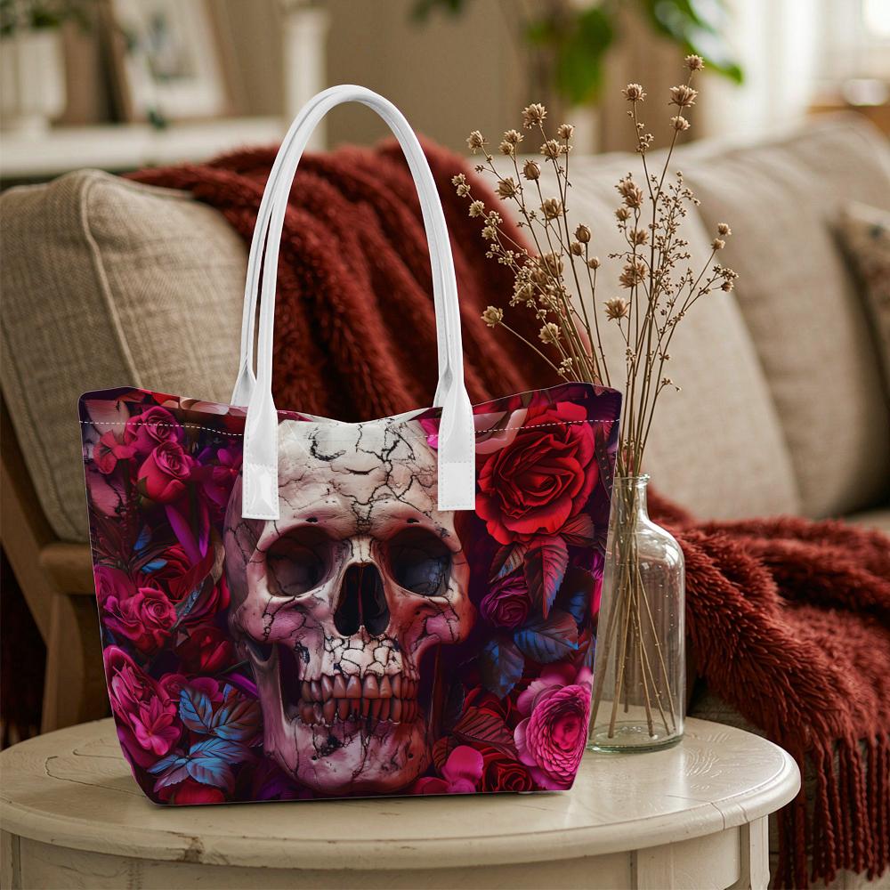 Gothic Skull Rose Pattern Tote Bag Large Capacity Stylish Daily Shoulder Handbag