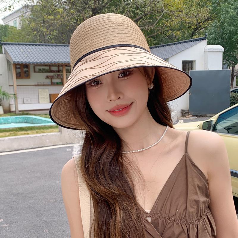 Hat women's summer stripes big edge bucket hat versatile face small travel sun hat