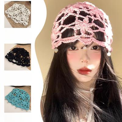 Women's Spring and Summer New Hand Woven Hollowed Head Hat Breathable Hook Flower Pearl Pendant Small Pull Head Hat