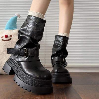 Thick-soled Maillard Medium Tube Short Boots for Women 2025 New British Style Retro Fashion Pleated Martin Boots Autumn Women