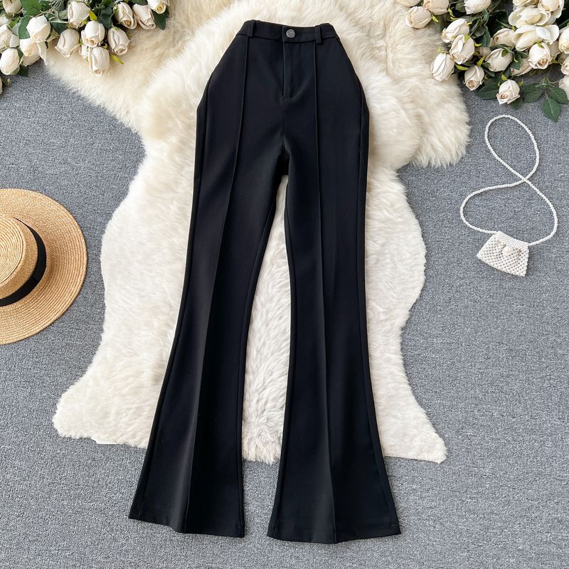 

Chic Spring Summer High Waist Pleated Slit Boot-Cut Pants Black L