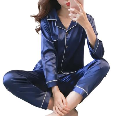 Women Satin Long Sleeve Pajama Set Lapel Top and Pants Solid Pajamas Loungewear