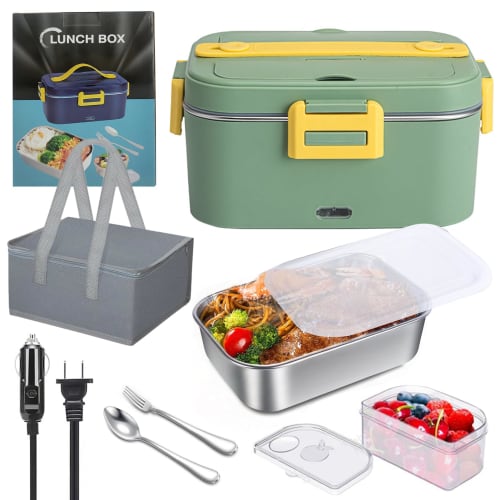1.8L Electric Lunch Box, 75W Heated Lunch Box for Car or Home Use, Dual-Use, Removable Stainless Steel Container with Fork and Spoon Storage and Carry
