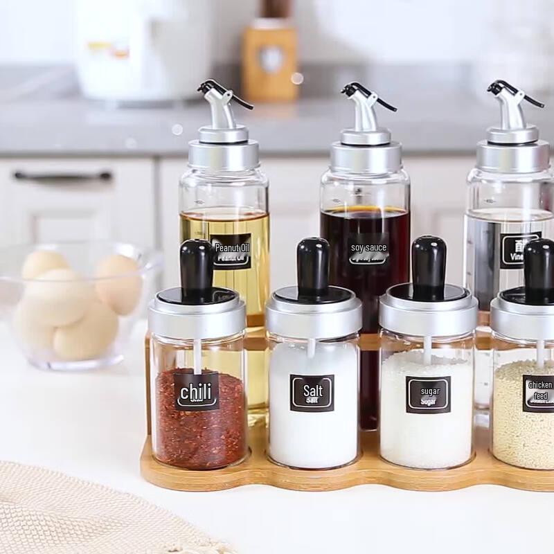 LISM 3-Piece Glass Oil and Seasoning Bottle Set with Integrated Spoon Lids